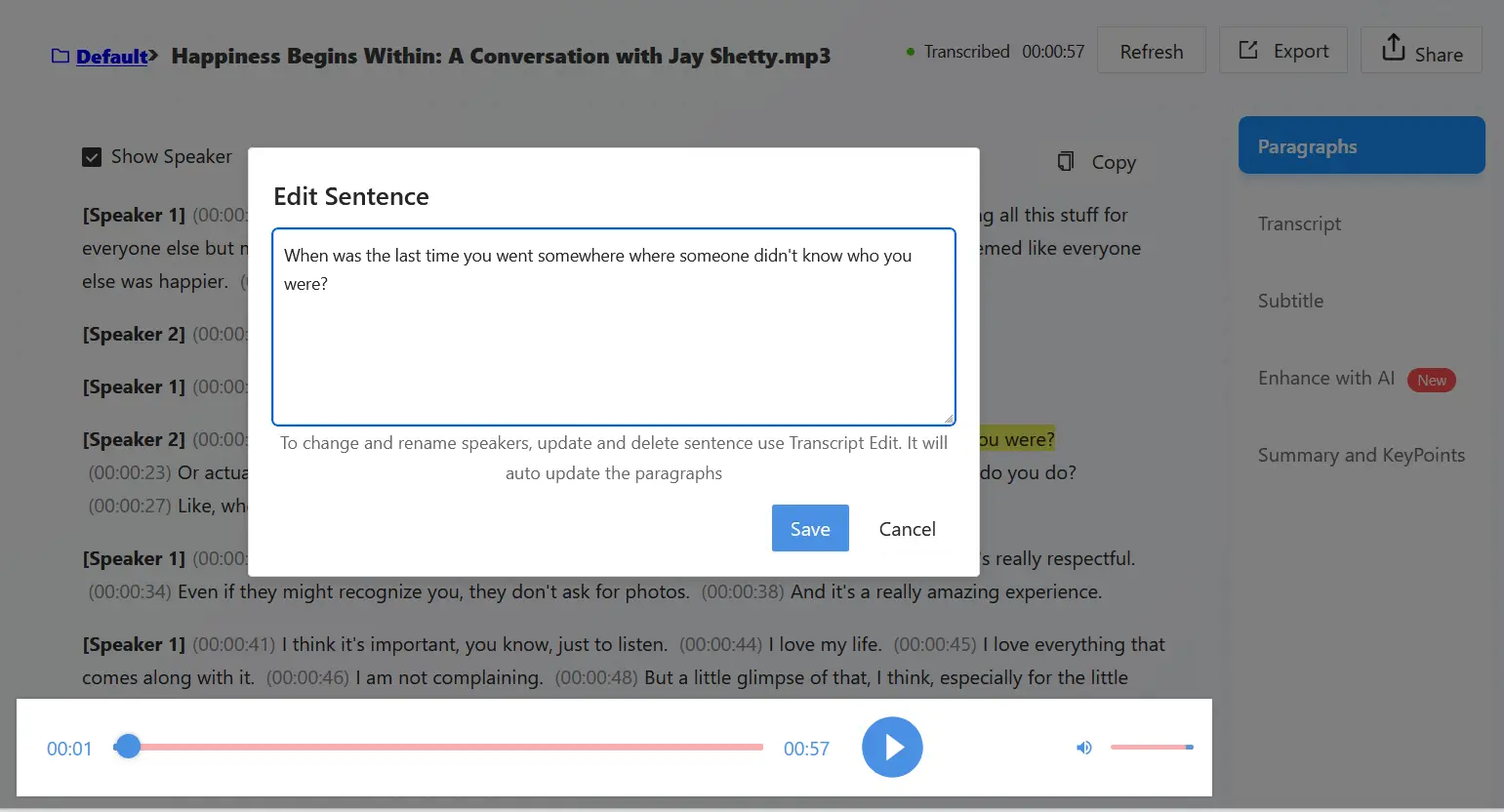 Edit Transcript and Speakers