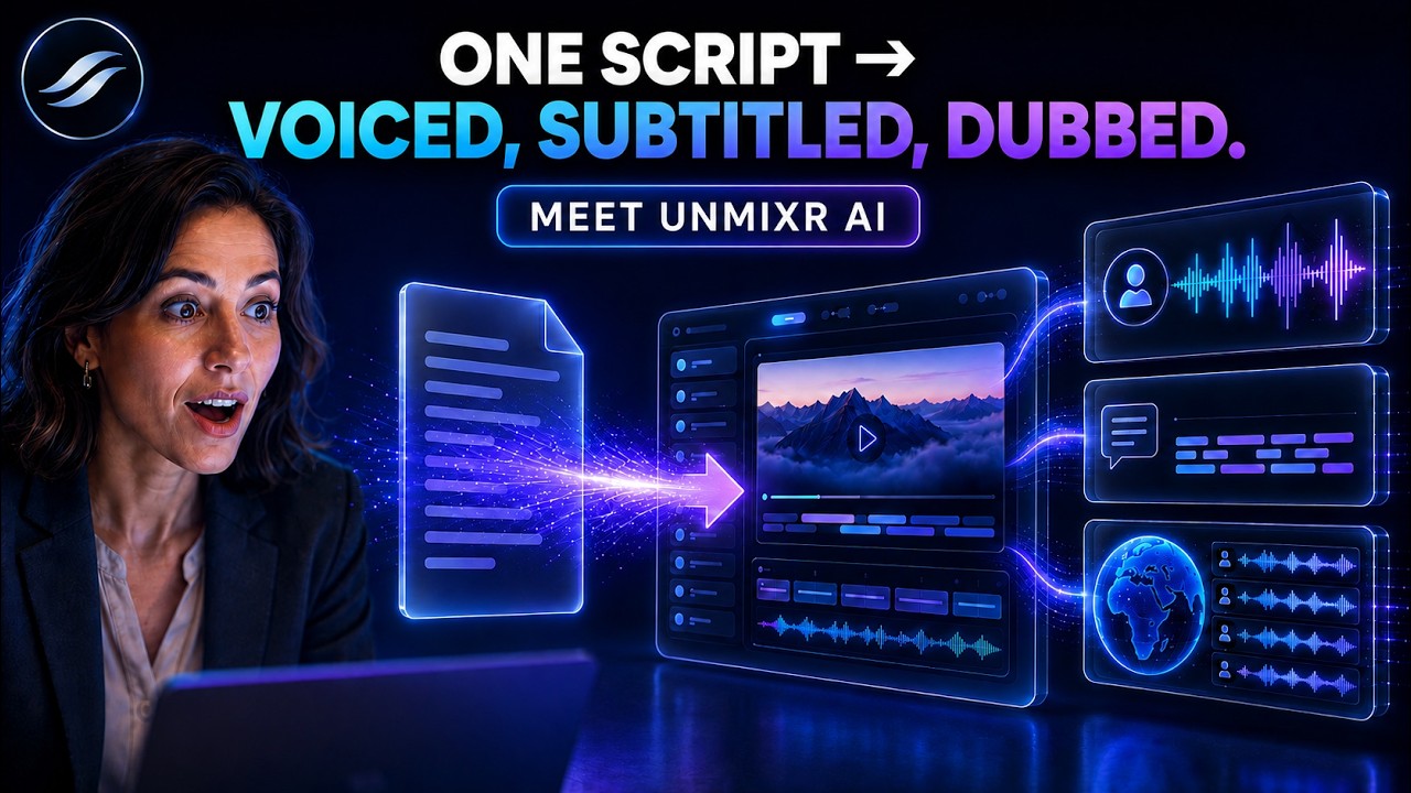 Unmixr demo: a script becomes narration, captions, a training video, and dubbed versions