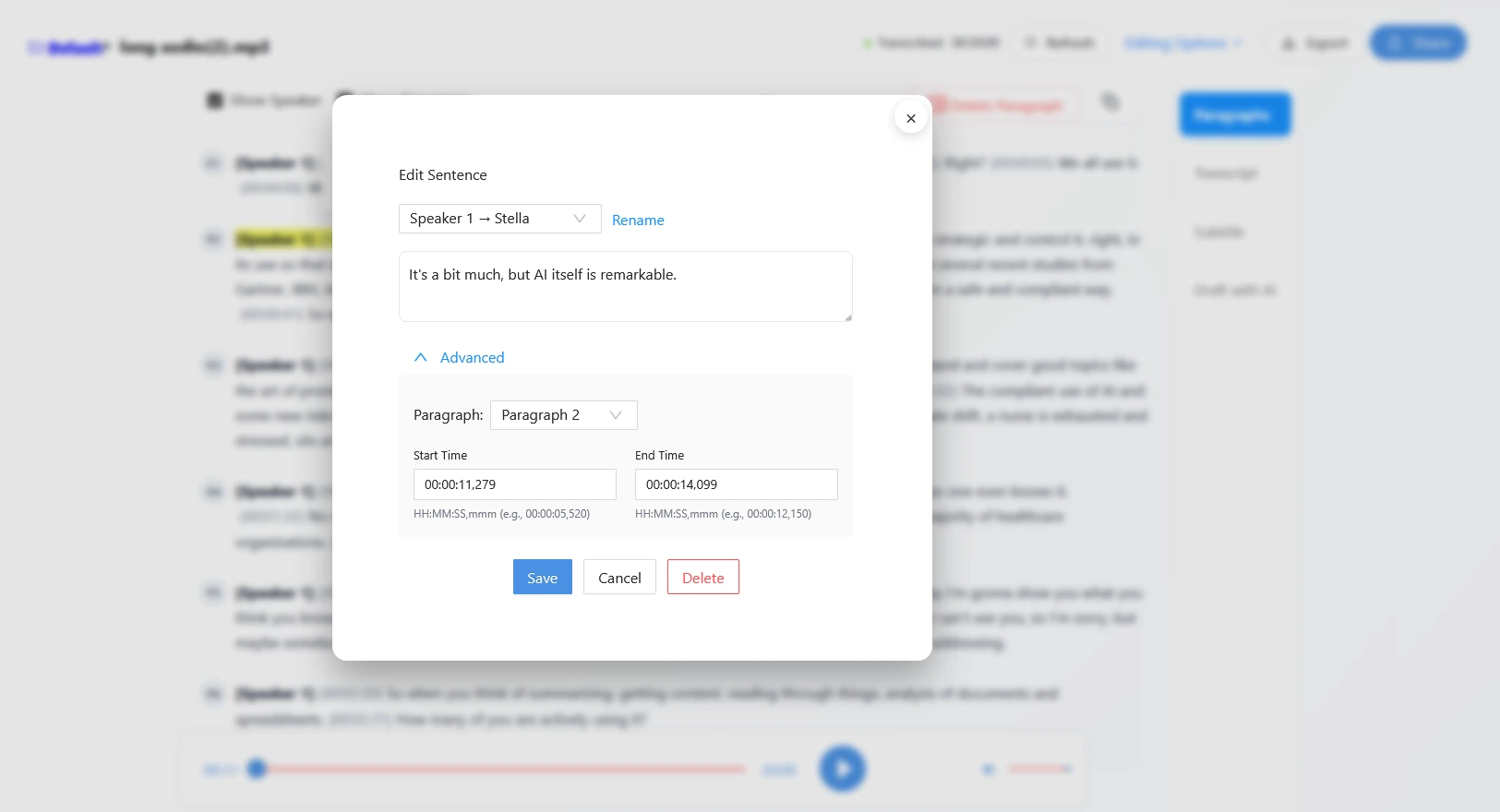 Edit Transcript and Speakers