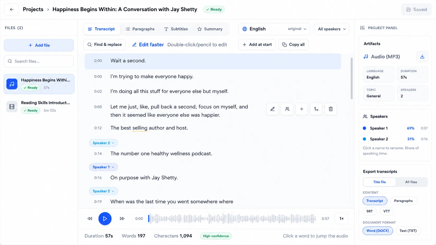 Unmixr transcript and caption editor showing a lesson transcript with timed subtitle segments